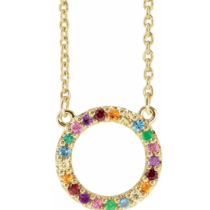 14K Yellow Natural Multi-Gemstone Rainbow Circle 16" NecklaceSpecificationsWeight:	                                  1.25 DWT (1.94 grams)Clasp Type:	                  Spring RingBrand Name:	                  302Collection:	                  I