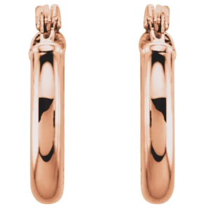 14K Rose 13 mm Huggie Hoop EarringsSpecificationsWeight:	                                0.45 DWT (0.70 grams)Earring Back Type Included:	Hinged PostsEarring Closure:	                Hinged PostEarring Type:	                HoopMaterial: