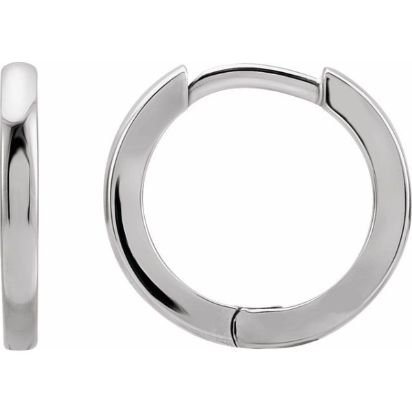 Lady's White 14 Karat Huggie EarringsWeight:	1.1714 DWT (1.82 grams)Brand Name:	302Collection:	EssentialsEarring Type:	HoopEarring Post Type:	Ear WireEarring Back Type Included:	HingedEarring Dimensions:	12.5x12.5 mmThickness:	1.65 mm