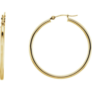 Lady's Yellow 14 Karat Medium Hoop EarringsWeight:	1.09 DWT (1.70 grams)Brand Name:	302Collection:	EssentialsEarring Type:	HoopEarring Post Type:	Ear WireEarring Back Type Included:	CatchEarring Dimensions:	34x34 mmThickness:	2 mm