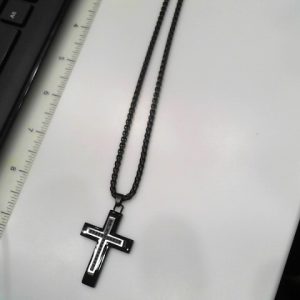 STEEL/BLK IP CROSS W/ 1/4CT BLK DIAMOND