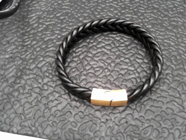 braided punk bracelet stainless steel leather magnetic buckle bracelet (BLACK GOLDEN)