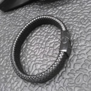 Luxury Men's Jewelry Vintage Braided Magnetic Clasp Black Snap Leather Bracelet Man (ALL BLACK)