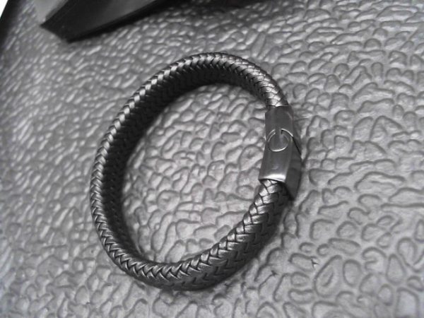 Luxury Men's Jewelry Vintage Braided Magnetic Clasp Black Snap Leather Bracelet Man (ALL BLACK)