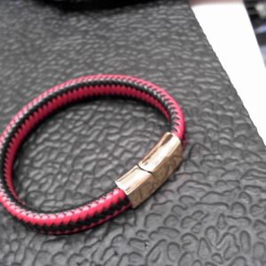 Luxury Men's Jewelry Vintage Braided Magnetic Clasp Black Snap Leather Bracelet Man (RED BLACKGOLDEN)