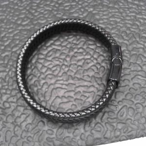 Luxury Men's Jewelry Vintage Braided Magnetic Clasp Black Snap Leather Bracelet Man (ALL BLACK)