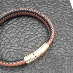 Luxury Men's Jewelry Vintage Braided Magnetic Clasp Black Snap Leather Bracelet Man (BROWN GOLD)