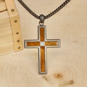 Gun Metal IP Steel Matte Finish Whiskey Barrel Wood Inlay with Lab-Grown Diamond Cross Pendant.made from repurposed American White Oak barrels, this pendant captures the essence of storied spirits. Sealed with medical-grade resin to preserve the wood'
