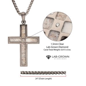 Gun Metal IP Steel Matte Finish Deer Antler Inlay with Lab-Grown Diamond Cross Pendant.The STAG Collection uses robust deer antler, symbolizing strength and maturity. This line marries the raw beauty of nature with the resilience of modern steel, embo