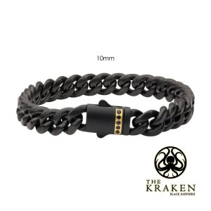 10mm Black IP Steel Matte Finish Miami Cuban Chain Bracelet with 1.6mm Genuine Black Sapphire Gem.