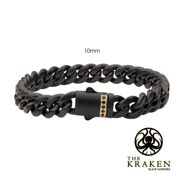 10mm Black IP Steel Matte Finish Miami Cuban Chain Bracelet with 1.6mm Genuine Black Sapphire Gem.