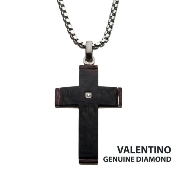 Solid Carbon Cross Pendant with 1.5mm Genuine Clear Diamond