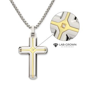 18Kt Gold IP Steel Two Tone Solitaire Accented Clear Lab-Grown Diamond Cross Pendant with Box Chain