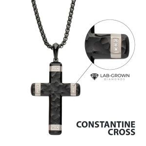 Matte Finish Black IP Carved Steel Large Cross Pendant with steel accents & Lab-Grown Diamonds