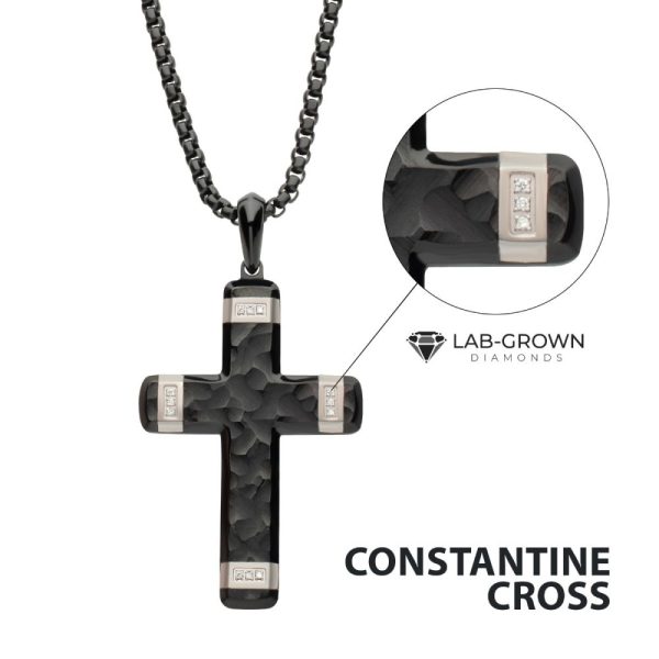 Matte Finish Black IP Carved Steel Small Cross Pendant with steel accents & Lab-Grown Diamonds