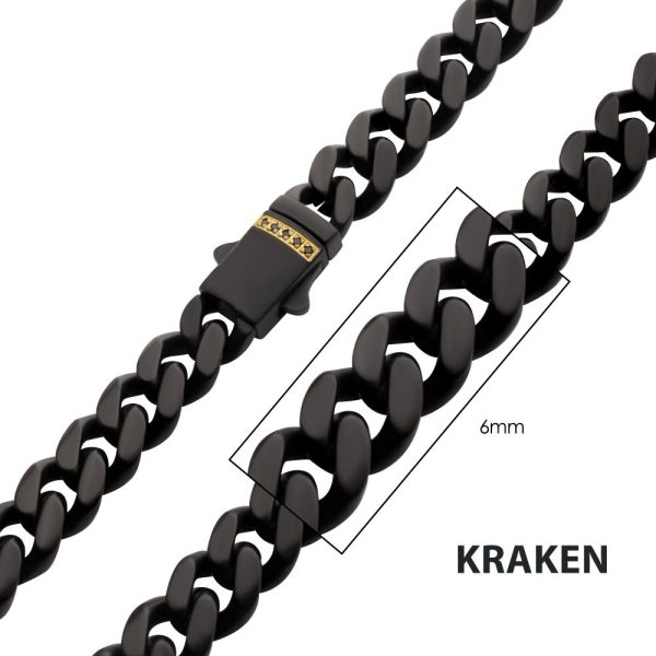 6mm Black IP Steel Matte Finish Miami Cuban Chain Necklace with Genuine Black Sapphire Gem.Men's 6mm Black IP Steel Matte Finish Miami Cuban Chain Necklace with Genuine Black Sapphire Gem on 18Kt Gold IP Double Press Box Clasp.