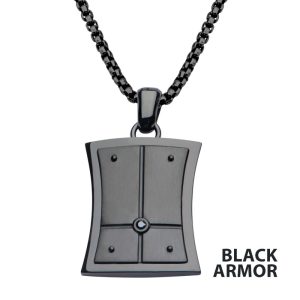 2.5mm Black Genuine Diamond Black IP Dog Tag Pendant with Steel Box Chain