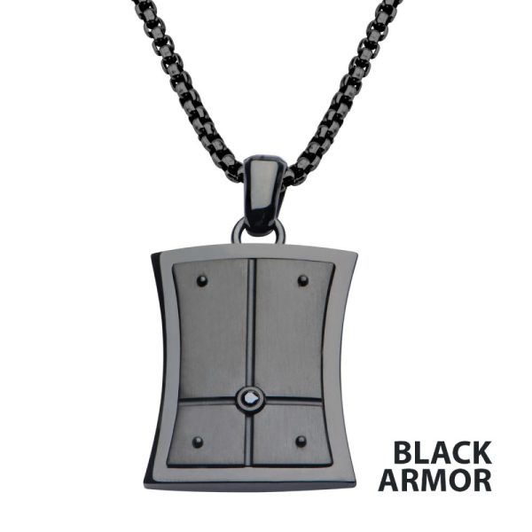 2.5mm Black Genuine Diamond Black IP Dog Tag Pendant with Steel Box Chain