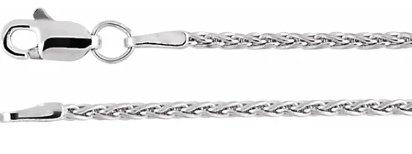 Rhodium-Plated Sterling Silver 1.5 mm Wheat 18" Chain

Specifications
Weight:	                2.546 DWT (3.96 grams)
Clasp Type:	Lobster Clasp
Material:	                Sterling Silver
Solid/Hollow:	Solid
Approx. Length:	18 In
Approx. Width:	1.5 m