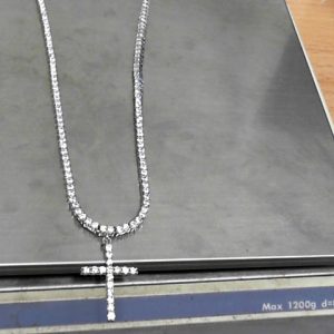 CZ TENNIS NECKLACE WITH CROSS  16.9 GMS  RHODIUM PLATED16 "2 MM