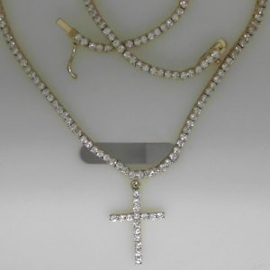 CZ TENNIS NECKLACE WITH CROSS  14.8 GMS  GOLD PLATED (for kids)14 "2 MM
