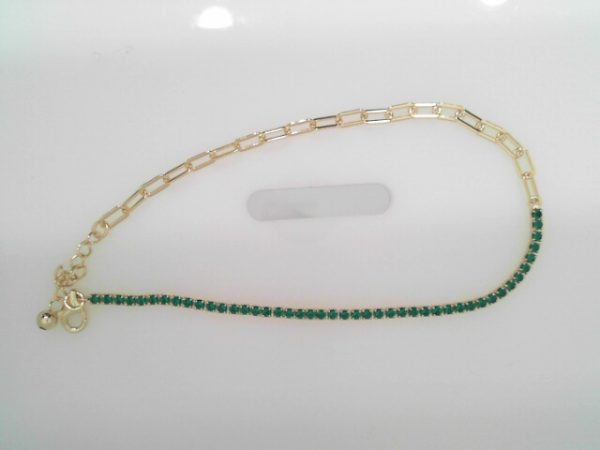 GREEN STONE GOLD PLATED STERLING SILVER PAPER CLIP ANKLET 9" 2.25MM