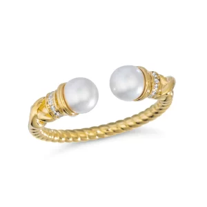 Chic and versatile adjustable open style ring, featuring a pearl on each side, reminiscent of an equestrian bit design.  A unique and stylish accessory that effortlessly combines elegance and equestrian-inspired charm. Main Stone: 5mm Mother of Pearl