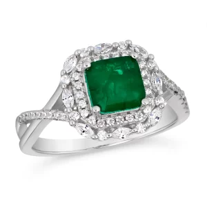 Elevate your style with our casually elegant gem ring. Featuring your choice of 2 ct Asscher cut Organic Emerald or a Blue Sapphire, adorned with a double row diamond crystalline halo, this ring will effortlessly enhance any outfit.Main Stone: Available
