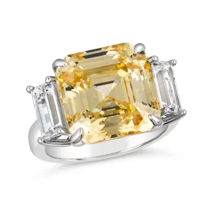 Gorgeous Statement ring with an 8 carat center Asscher cut Diamond Crystalline adorned by baguette cut gems on the sides.Main Stone Type: Diamond CrystallineColor: Available in Canary Yellow Crystalline,Main Stone Shape: AsscherMain Stone Size: 12