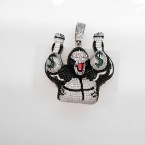GORILLA HOLDING TWO MONEY BAGS STERLING SILVER PENDANT 25.9 GRAMS