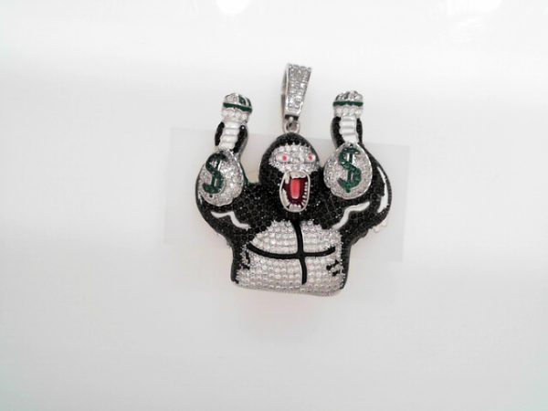 GORILLA HOLDING TWO MONEY BAGS STERLING SILVER PENDANT 25.9 GRAMS