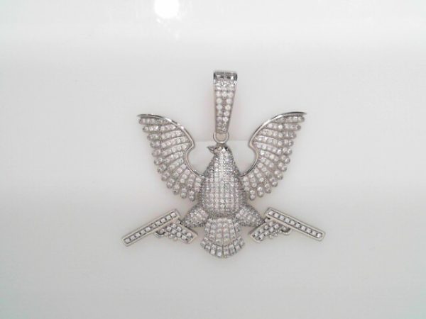 RHODIUM PLATED STERLING SILVER PENDANT- EAGLE WITH 2 GUNS 22.8g