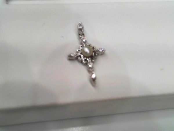 SS CZ 4MM PEARL CROSS NECKLACE