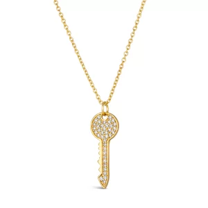 DescriptionUnlock your inner peace with a petite diamond crystalline key necklace by Anna Zuckerman.  Perfect for stacking or wearing alone.Stone Type: Diamond CrystallineTotal Gem Weight: 0.50tcwPendant Size: 1 inchMetal Type: Sterling