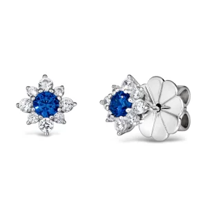 Absolutely perfect mini flower stud earrings with our signature no droop earring backs.Stone Type: Diamond CrystallineStone Color: Available in  Blue SapphireGem Origin: Lab CreatedCenter Stone Size: 0.25ctTotal Carat Weight: 1tcwMetal Type: S