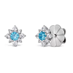Absolutely perfect mini flower stud earrings with our signature no droop earring backs.Stone Type: Diamond CrystallineStone Color: Available in Aquamarine Gem Origin: Lab CreatedCenter Stone Size: 0.25ctTotal Carat Weight: 1tcwMetal Type: Ster