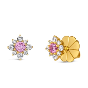 Absolutely perfect mini flower stud earrings with our signature no droop earring backs.Stone Type: Diamond CrystallineStone Color: Available in Argyle PinkGem Origin: Lab CreatedCenter Stone Size: 0.25ctTotal Carat Weight: 1tcwMetal Type: Ster