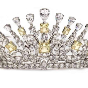Royal 04 Tiara Collection Canary YellowGorgeous 5 carat canary yellow cushion cut crystalline is the crowning jewel of this one of a kind multifaceted tiara. Adorned with 15 radiant cut canary and over 200 multi-shape diamond white crystalline this Ti