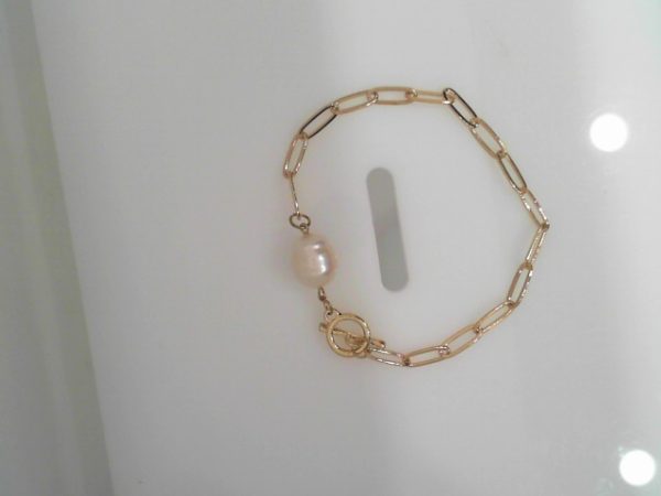 SS YG PLATE PAPERCLIP PEARL BRACELET